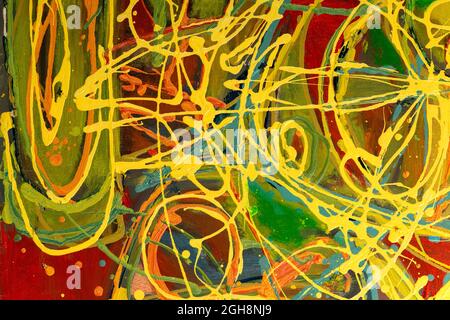Ein abstraktes Fragment der Malerei mit lebendigen Farben, pinselstrich Textur und Leitung fließt. Stockfoto