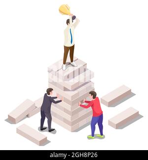 Geschäftsleute spielen Jenga Brettspiel, Vektor isometrische Illustration. Wettbewerbsfähiger Kampf im Geschäftskonzept. Stock Vektor