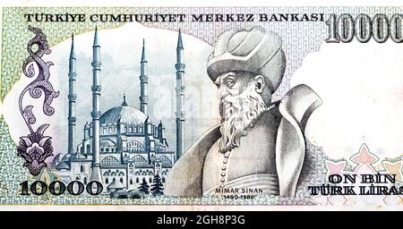 Rückseite der 10000-10-tausend-türkischen-Lira-Banknote des Jahres 1989 durch die Bank der Türkei mit Selimiye-Moschee und Minaretten in Edirne und Türkisch Stockfoto