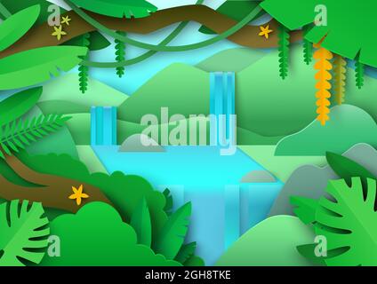 Tropische Dschungellandschaft. Amazonas-Wald mit grünem Laub, exotischen Pflanzen, Wasserfall, Vektor-Papier geschnitten Illustration. Stock Vektor