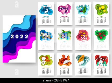 Kalendervorlage für das Jahr 2022. Winter, Frühling, Sommer, Herbstsaison Natur, florales Design, vektorgrafik Papier geschnitten Illustration. Stock Vektor