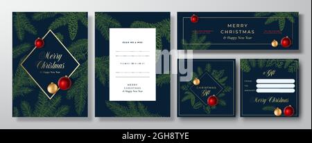 Weihnachten abstrakte Vektor Einladungskarten, Poster und Banner Hintergründe Set. Design-Layouts für Vorder- und Rückseite. Skizze Kiefer Zweige und bunt Stock Vektor