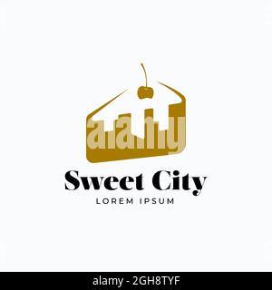 Logo-Vorlage Für Sweet City. Cityscape Incorporated in a Cake Piece with Negative Space. Abstraktes Vektorzeichen, Symbol oder niedliches Cartoon-Emblem für ein Stock Vektor