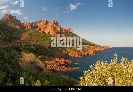 Rote und orange vulkanische Klippen und Hügel zwischen Agay und Cannes im Esterel-Massiv. Stockfoto