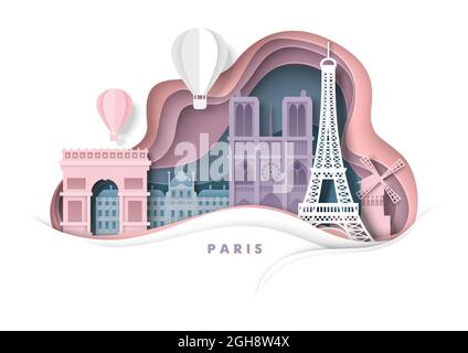 Paris City, Frankreich, Vektor Papier Schnitt Illustration. Eiffelturm, Kathedrale Notre Dame, weltberühmte Sehenswürdigkeiten. Reisen. Stock Vektor