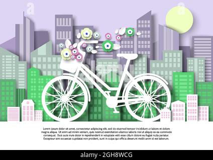 Frauen Fahrrad mit Blumenkorb, Stadtbau Silhouetten, Vektor-Papier Schnitt Illustration. Plakat zum Ökotransport in der Stadt. Stock Vektor