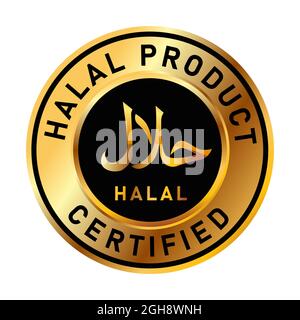 Gold Halal Lebensmittelmarke Islam Muslim genehmigt Produkt-Abzeichen Aufkleber in goldenem Premium-Design weißen Hintergrund Stock Vektor
