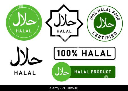 Halal Lebensmittelmarke Islam Muslim genehmigt Produkt Abzeichen Aufkleber Design Set weißen Hintergrund Stock Vektor