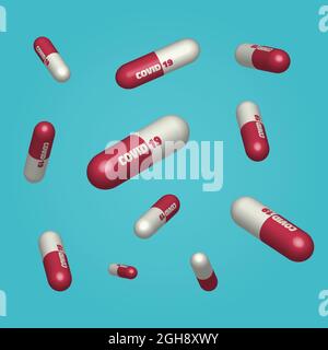 Rot-weiße Kapsel mit Covid 19 darauf. Medizinisches Konzept zum Virenausbruchsschutz, Coronavirus COVID-19 Stock Vektor
