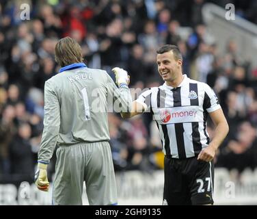 Steven Taylor von Newcastle United (R) feiert mit Tim Krul, nachdem Jonas Gutierrez beim Barclays Premier League Fußballspiel zwischen Newcastle Utd und Chelsea am 02. Februar 2013 im St. James' Park in Newcastle, Großbritannien, ihr erstes Tor erzielt hat. Stockfoto