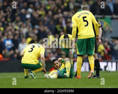 Bradley Johnson von Norwich geht beim Barclays Premier League-Spiel zwischen Arsenal und Norwich im Emirates Stadium, London, am 13. April 2013 verletzt aus. Stockfoto