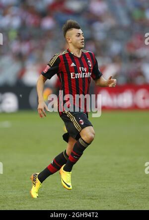 Der Mailänder Stephan El Shaarawy ist am 01. August 2013 beim Audi Cup 2013 zwischen AC Mailand und Sao Paulo in der Allianz Arena in München in Aktion. Stockfoto