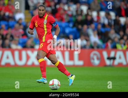 Ashley Williams von Wales in Aktion beim Freundschaftsspiel Vauxhall International zwischen Wales und der Republik Irland, das am 14. August 2013 im Cardiff City Stadium in Cardiff, Wales, stattfand. Stockfoto