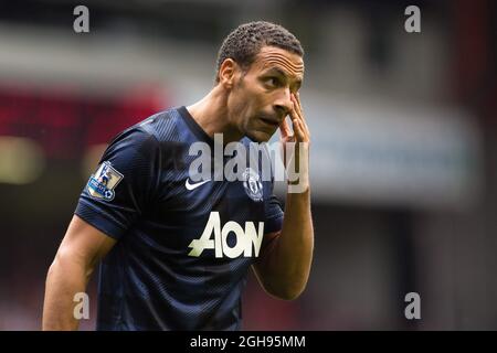 Rio Ferdinand von Manchester United während des Spiels der Barclays Premier League zwischen Liverpool und Manchester United am Anfield in Liverpool am 1. September 2013. . Stockfoto