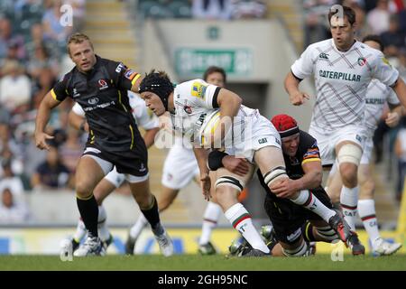 Julian Salvi macht beim Vorsaison-Freundschaftsspiel zwischen Leicester Tigers und Ulster am 31. August 2013 im Welford Road Stadium in Leicester Pause für Leicester Tigers. Stockfoto