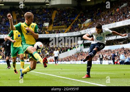 Erik Lamela von Tottenham ist zwar ein Kreuz, wird aber von Michael Turner von Norwich City während des Barclays Premier League-Spiels zwischen Tottenham Hotspur und Norwich City am 14. September 2013 in der White Hart Lane, London, blockiert. PIC Charlie Forgham-BaileySportimage. Stockfoto