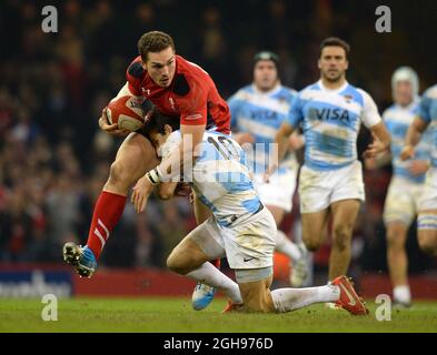 George North of Wales wurde von Nicolas Sanchez während der Rugby Union Dove Men Serie 2013 zwischen Wales und Argentinien, die am 16. November 2013 im Millennium Stadium in Cardiff, Wales, stattfand, in Angriff genommen. Foto: Simon Bellis. Stockfoto