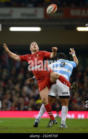 Gethin Jenkins aus Wales konkurriert mit Maximiliano Bustos, der während der Rugby-Union Dove Men-Serie 2013 zwischen Wales und Argentinien am 16. November 2013 im Millennium Stadium in Cardiff, Wales, für Argentinien spielt. Foto: Simon Bellis. Stockfoto
