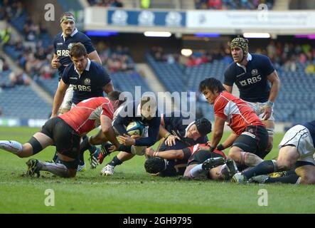 Greig Laidlaw aus Schottland punktet beim Viagogo Autumn Test Spiel zwischen Schottland und Japan im Murrayfield Stadium in Edinburgh, Schottland am 9. November 2013. Simon Bellis Stockfoto