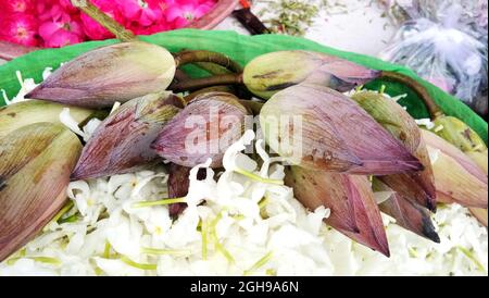 lotusblütenknospe mit weißen Blüten in einem Korb für die Puja-Zeremonie am Ufer des Ganga-Flusses in Varanasi, Indien. Stockfoto