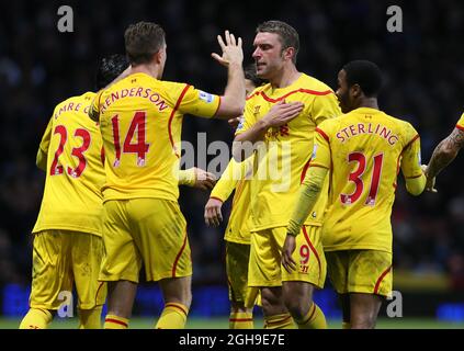 Rickie Lambert von Liverpool feiert das zweite Tor während des Barclays Premier League-Spiels zwischen Aston Villa und Liverpool am 17. Januar 2015 im Villa Park Birmingham. Stockfoto