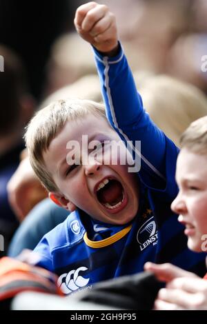 Ein junger Leinster-Fan während des European Rugby Champions Cup, Viertelfinalspiels zwischen Leinster und Bath im Aviva Stadium in Dublin am 04. April 2015. Charlie Forgham-Bailey Stockfoto