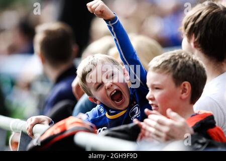 Ein junger Leinster-Fan während des European Rugby Champions Cup, Viertelfinalspiels zwischen Leinster und Bath im Aviva Stadium in Dublin am 04. April 2015. Charlie Forgham-Bailey Stockfoto