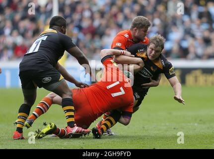 Marcos Ayerza und Ed Slater von Tigers bekämpfen Joe Launchbury von Wesps während des Premiership-Spiels von Aviva zwischen Wesps und Leicester Tigers in der Ricoh Arena, Coventry, Großbritannien, am 9. Mai 2015. Malcolm Couzens Stockfoto