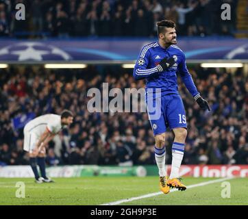 Der Chelsea-Spieler Diego Costa feiert das Tor zum Eröffnungstreffer seiner Seite während des UEFA Champions League-Spiels auf der Stamford Bridge. Bildnachweis sollte lauten: David Klein/Sportimage via PA Images Stockfoto