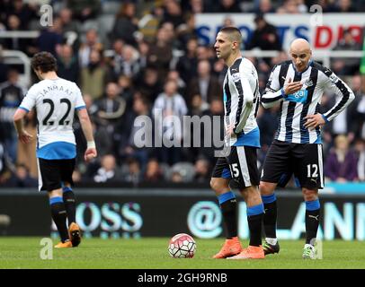 Jonjo Shelvey, rechts von Newcastle United, ist niedergeschlagen, als Jermain Defoe von Sunderland während des Spiels der Barclays Premier League im St. James' Park Stadium sein Tor feiert. Bildnachweis sollte lauten: Scott Heppell/Sportimage via PA Images Stockfoto