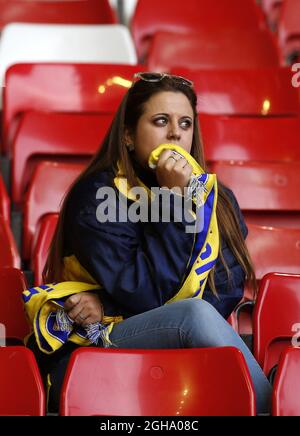 Ein Villarreal-Fan während des UEFA Europa League Halbfinales in Anfield, Liverpool. Bildnachweis sollte lauten: Simon Bellis/Sportimage via PA Images Stockfoto