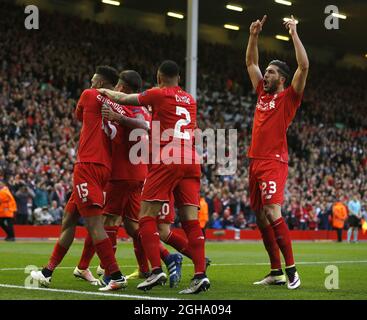 Liverpool feiert nach dem ersten Tor während des UEFA Europa League Halbfinales in Anfield, Liverpool. Bildnachweis sollte lauten: Simon Bellis/Sportimage via PA Images Stockfoto