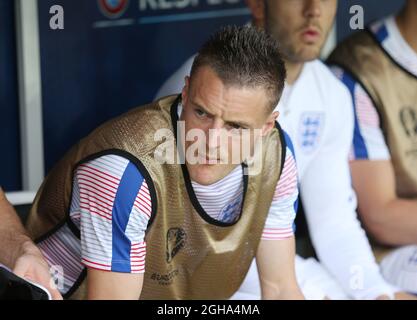 Englands Jamie Vardy blickt auf das Spiel der UEFA-Europameisterschaft 2016 im Stade Felix Bollaert-Delelis, Lens. Bilddatum 16. Juni 2016 Pic David Klein/Sportimage Stockfoto