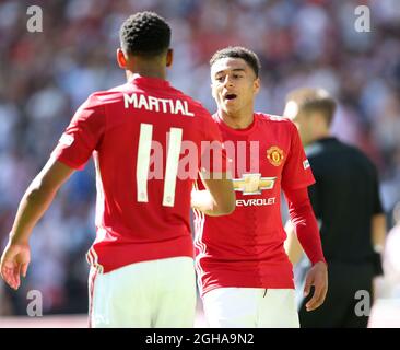 Jesse Lingard von Manchester United feiert beim Spiel mit dem FA Community Shield im Wembley Stadium, London, das Tor zur Eröffnung seiner Seite. Bilddatum 7. August 2016 Pic David Klein/Sportimage via PA Images Stockfoto