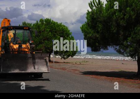 Bulldozer wird die Küste zerstören. Mann, der in einer Planierraupe arbeitet. Planierraupen am Meer Stockfoto