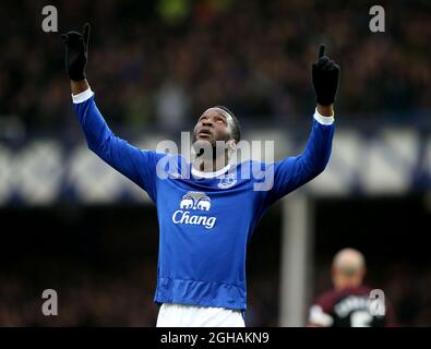 Romelu Lukaku von Everton feiert das erste Tor während des Spiels der englischen Premier League im Goodison Park Stadium, Liverpool Bilddatum: 15. Januar 2017. PIC Simon Bellis/Sportimage über PA Images Stockfoto