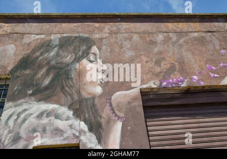 Detail des Wandbildes 'Wisteria Flowers' des Straßenkünstlers Ligama an der Wand eines alten Gebäudes im Stadtteil New Venice, Livorno, Toskana, Italien Stockfoto