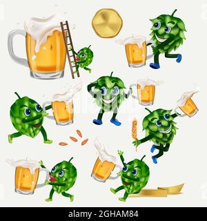 Süßer Hopfen mit Bier im Glas in verschiedenen Posen. Erfrischendes Becher Bier mit spritzendem weißem Schaum. Vektor-Icons für alkoholische Getränke Werbedesign. Vektorgrafik. Stock Vektor