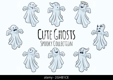 „Cute Ghosts Illustrations“-Kollektion. Cartoon-Stil. Handgezeichnetes halloween lustiges Set für Aufkleber, Drucke, Einladungen und Grußformel. Premium Vector Stock Vektor