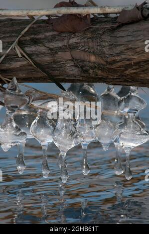 Eiszapfen über Flusswasser Stockfoto