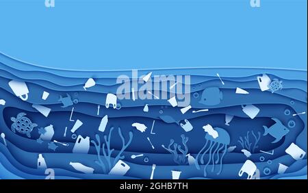 Horizontales Banner zur Verschmutzung des Ozeans aus Kunststoff. Papiergeschnittene Falterfische, Quallen, Mondfische, Schildkröten um Müll. Papier Vektor Panorama Unterwasserhöhle Stock Vektor