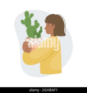 Vektor-Illustration mit Heimpflanze im Topf in Mädchen Hände. Dekorative Pflanzen im Inneren des Hauses. Flacher Style. Stock Vektor