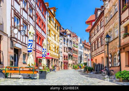 Nürnberg, Deutschland. Fachwerkhäuser in Nürnberg´s Weissgerbergasse. Stockfoto