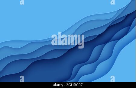 Blauer abstrakter Hintergrund im Papierschnitt-Stil. Papierschichten gewelltes Wasser für den Welttag der Ozeane am 8. Juni. Vector Earth Poster Vorlage, Ökologie Broschüren Stock Vektor