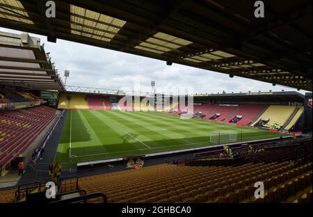 Ein allgemeiner Blick auf das Vicarage Road Stadium, das Heimstadion des FC Watford, vor dem Beginn des Premier-League-Spiels im Vicarage Road Stadium, Watford. Bild Datum 26. August 2017. Bildnachweis sollte lauten: Robin Parker/Sportimage via PA Images Stockfoto