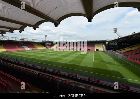 Ein allgemeiner Blick auf das Vicarage Road Stadium, das Heimstadion des FC Watford, vor dem Beginn des Premier-League-Spiels im Vicarage Road Stadium, Watford. Bild Datum 26. August 2017. Bildnachweis sollte lauten: Robin Parker/Sportimage via PA Images Stockfoto