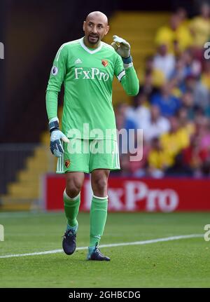 Watford-Torhüter Heurelho Gomes während des Premier-League-Spiels im Vicarage Road Stadium, Watford. Bild Datum 26. August 2017. Bildnachweis sollte lauten: Robin Parker/Sportimage via PA Images Stockfoto