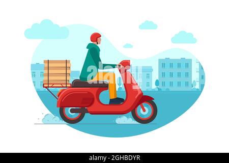 Express Town Pizza Lieferung per Order Service Kurier auf Moped. Schnelle Logistik männlich auf roten Motorroller liefern Lebensmittel-Box auf Stadtbild Straße. Warenverkehr Vektor eps Abbildung Stock Vektor