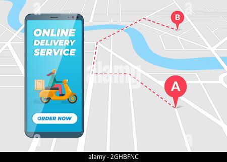 Sichere kontaktlose Zustellservice-App auf dem Smartphone-Bildschirm mit Kurierin im Moped-Helm auf Motorroller, der Paketbox liefert. Online-Bestellroute mobile Anwendung auf Stadtplan. Vektor Stock Vektor
