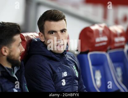 Seamus Coleman, Irlands Republik, schaut während des Qualifikationsspiel der Gruppe D im Cardiff City Stadium, Cardiff, auf. Bild Datum 9. Oktober 2017. Bildnachweis sollte lauten: David Klein/Sportimage via PA Images Stockfoto